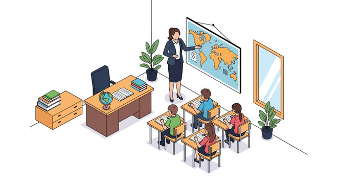 Isometric view of a classroom setting with a female teacher pointing at a world map while students sit at their desks to learn.