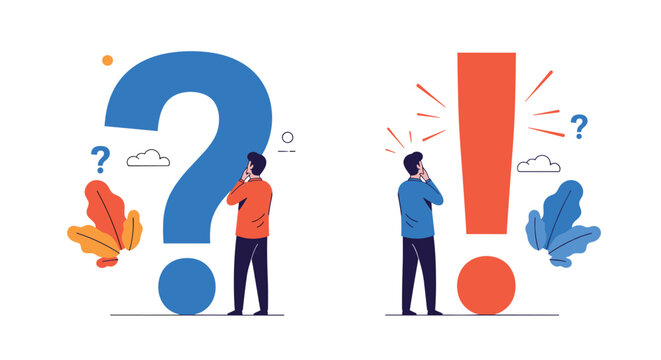 Two men standing next to a large blue question mark and an orange exclamation point in deep thought while solving a problem.