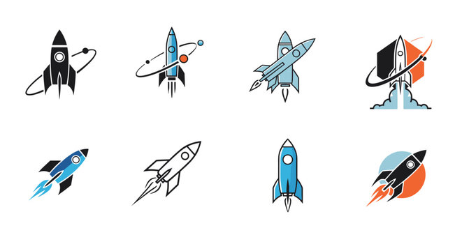 Set of various rocket ship and spacecraft logo icons representing technology, innovation, and space exploration missions.
