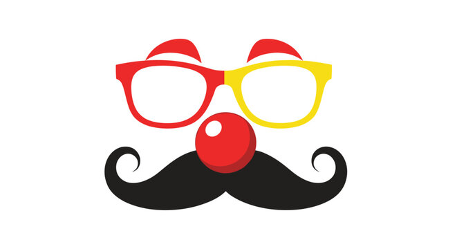 Funny clown mask with large red and yellow glasses, a round red nose, and a black curly mustache for festive party celebrations.