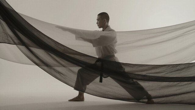 karate day martial arts practitioner performing kata behind sheer fabric