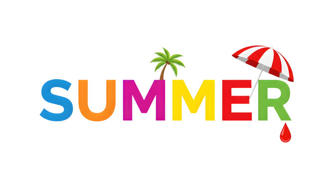 Colorful S U M E R text with palm tree umbrella and red drop summer word
