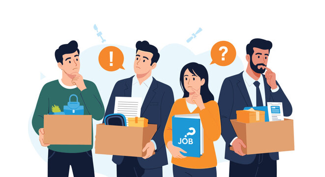 Group of diverse unemployed people holding cardboard boxes with office supplies looking sad and confused after being laid off from their jobs.