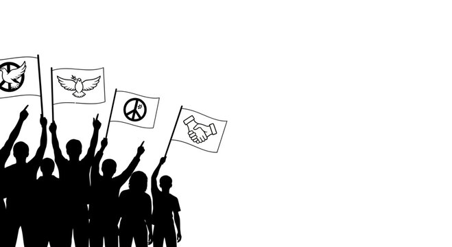 Silhouette illustration of a crowd of people protesting for peace and unity.