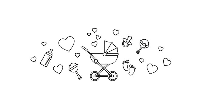 Set of cute baby themed line art icons with stroller hearts and toys.