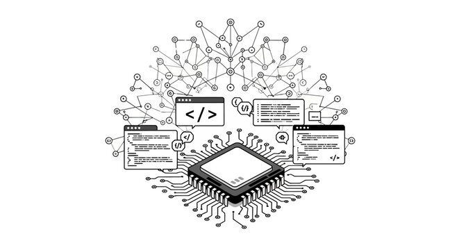 A stylized illustration of coding and programming symbols.