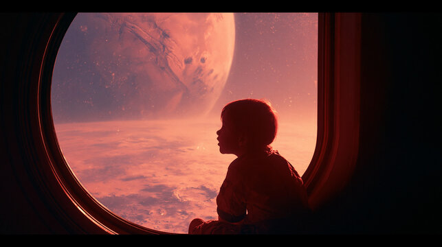 Child Gazing at Planet from Spaceship Window 