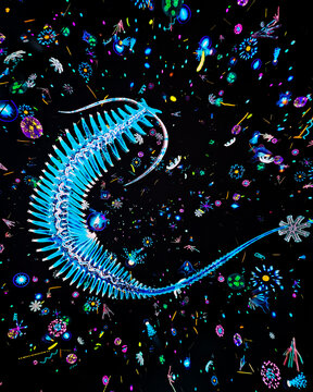 Bioluminescent marine plankton and glowing microorganisms floating in a dark ocean ecosystem