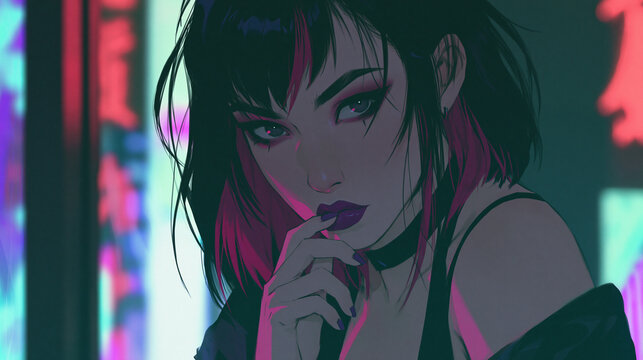 mysterious woman in neon lights illustration 