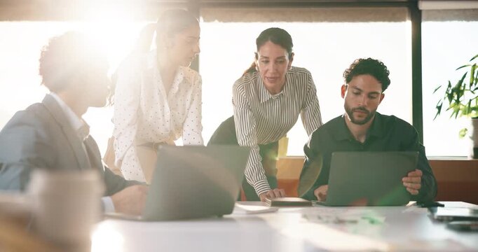 Team, meeting and people with laptop for strategy, planning or startup proposal in office flare. Agenda, collaboration or professional group with discussion, smile and online feedback for agency