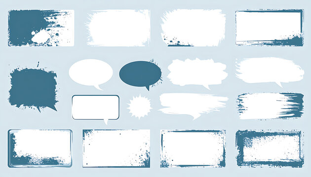Collection of pixelated and distressed speech bubbles and text boxes, distressed borders, retro comic style