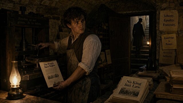 Man as a printer working in a dark workshop to create revolutionary political pamphlets. Historical concept of freedom, rights, and resistance against tyranny. Vintage European printing press.