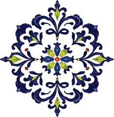 Fototapeta premium Elegant Blue Floral Damask Ornament Vector with Green Flower Center, Symmetrical Vintage Scrollwork Design for Luxury Decorative Use 
