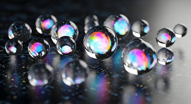 Multiple glossy translucent glass spheres containing vibrant swirling neon colors float above a dark reflective surface with intricate glowing patterns.