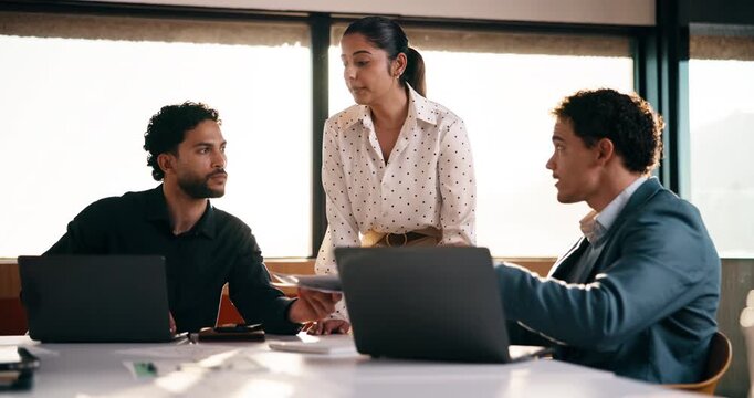 Business, meeting and people with laptop for planning, strategy or proposal document in office. Agenda, team or project manager with discussion, advice or online feedback for problem solving in flare