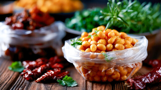 Indian namkeen snacks in clear bags with dried red chilies and herbs on rustic wooden table