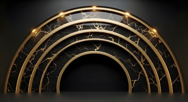 Elegant circular display stage featuring polished gold metallic arches and sophisticated black marble textures with warm glowing ambient lighting effects