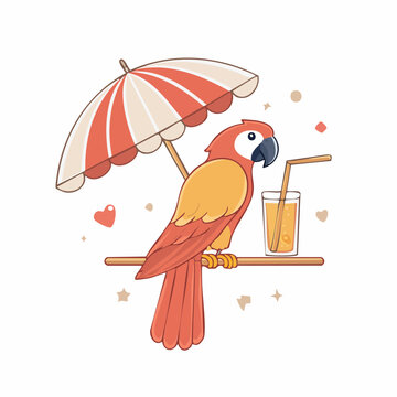 Cartoon Parrot Enjoying a Tropical Drink Under an Umbrella