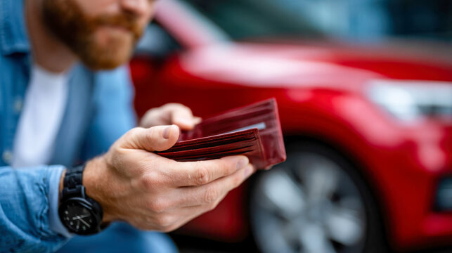 Hand holding empty leather wallet near car, symbolizing auto expenses, payment problems, debt, and financial pressure