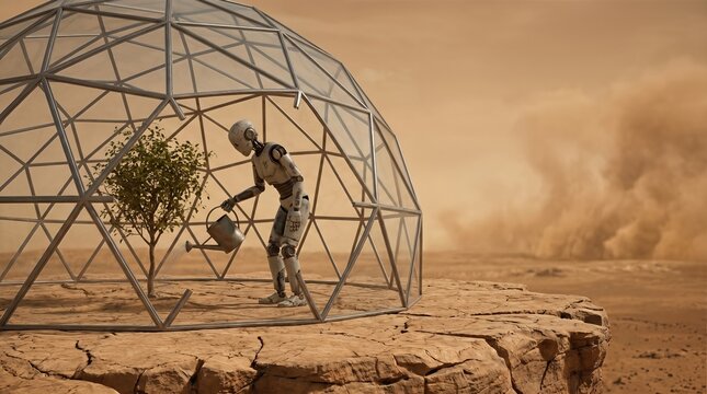 Robot watering a tree inside a glass dome on Mars. Robotic caretaker nursing a plant in a desolate planetary desert. Future terraforming project and environmental conservation concept.