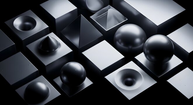 Abstract collection of dark metallic geometric shapes including spheres, pyramids, and cubes arranged in a neat grid pattern layout