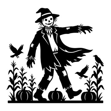 Scarecrow in cornfield with cape silhouette