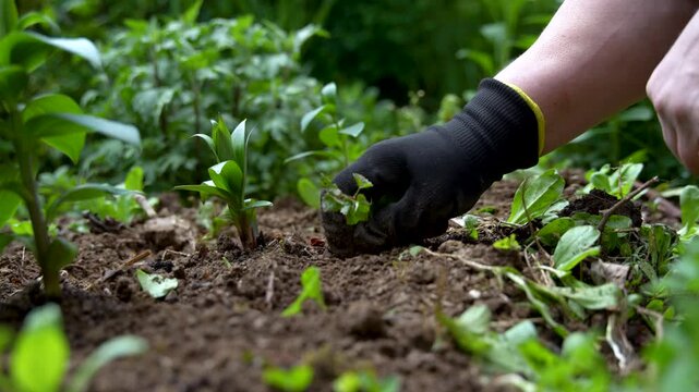 Gardener removing weeds from soil in home garden close up