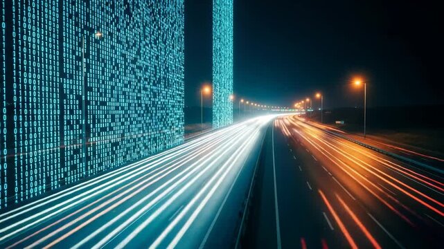 Digital data flow on highway at night