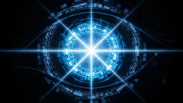 Futuristic digital eye with glowing lens and data patterns