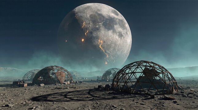 Abandoned space colony with metal dome structures on barren alien planet surface under burning cracked moon. Science fiction landscape of ruined extraterrestrial human biosphere base design.