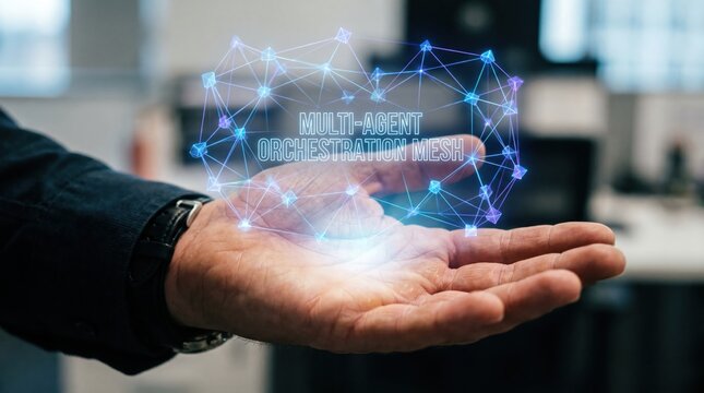 Innovative Multi-Agent Reinforcement Learning Technology Displayed on a Businessman's Open Palm in a Modern Office Environment