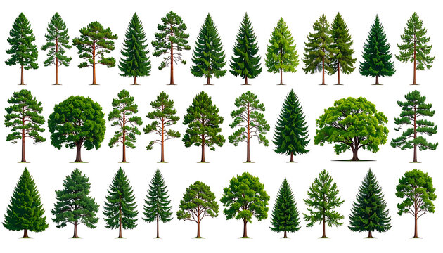 Collection of pixel art evergreen and deciduous trees, varied shapes and sizes, isolated on white