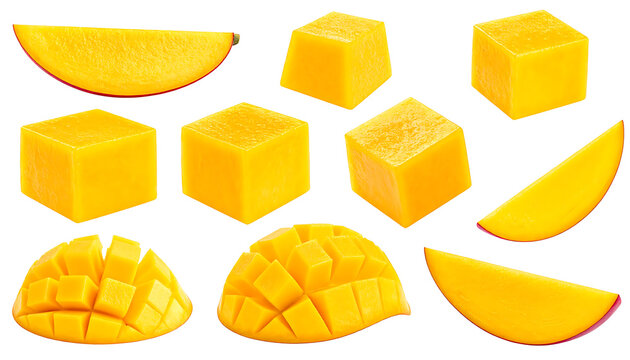 Collection of mango pieces, cubes, and slices isolated on white, showcasing vibrant yellow tropical fruit
