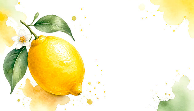 Watercolor illustration of a ripe lemon on a branch with green leaves and a white citrus blossom. Space for text.