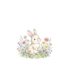 Obraz premium Cute bunny in wildflower meadow for children greeting card. Watercolor illustration of little rabbit with floral bouquet. Spring holiday design element with white space for text.