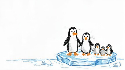 Obraz premium Penguin family hand drawing on iceberg with blank space for text. Childish sketch style illustration of arctic bird on ice floe. Antidesign graphic with deliberate grotesque art.
