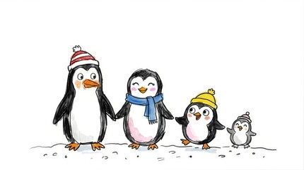 Fototapeta premium Hand drawn sketch of penguin family walking in snow. Cute animal illustration in bad design style with intentional grotesque aesthetic and white background for text placement.