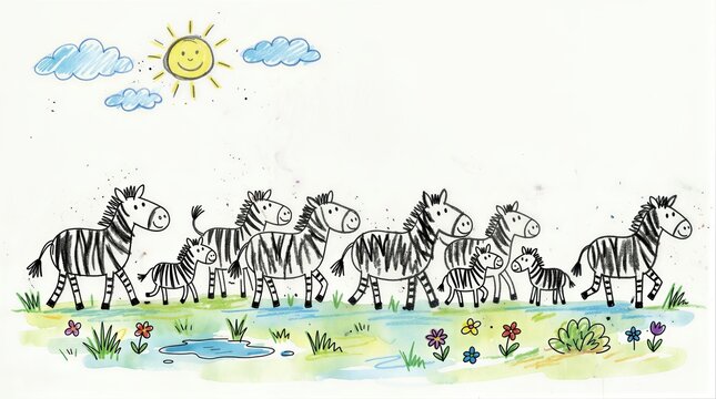 Child drawing of a herd of zebras in a meadow with a smiling sun. Naive artistic style with deliberate grotesque elements. Creative background design with empty space for text.