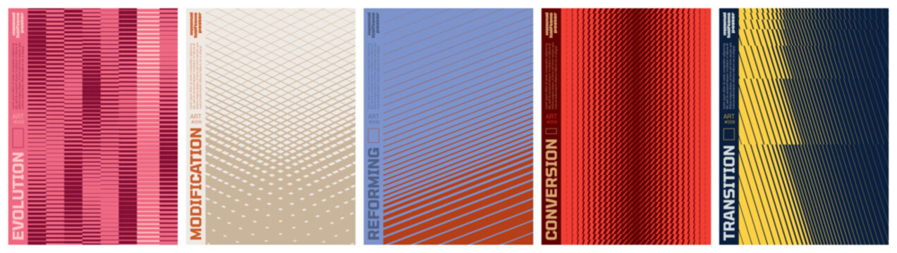 Abstract geometric vector poster set with halftone grid and optical illusion patterns, Shape distortion and linear gradients with transition effect, dynamic graphic for banner and wall art, kit 3
