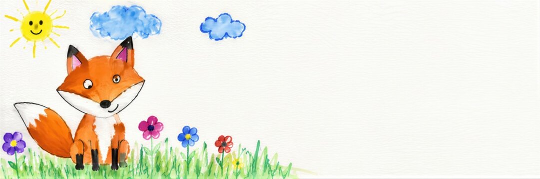 Child drawing of orange fox on meadow with sun and clouds. Artistic naive illustration with copy space for text. Grotesque anti design sketch concept for kids greeting card background.