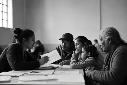 Latina volunteer explaining document to Hispanic family including father, mother, child, and grandmother. Social support and humanitarian aid assistance. Charity and community help concept.