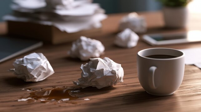 Crumpled paper and a spilled cup of coffee lay on a desk with an overflowing inbox tray and an abandoned phone indicating burnout at work.