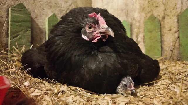 Close up video of a newly hatched chick lying safely under mother hen while unhatched eggs remain visible beneath her feathers. Tiny baby chick chirps and looks around curiously as caring hen gently