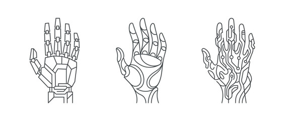 Fototapeta premium Three vector illustrations of robotic hands for technology and future concepts