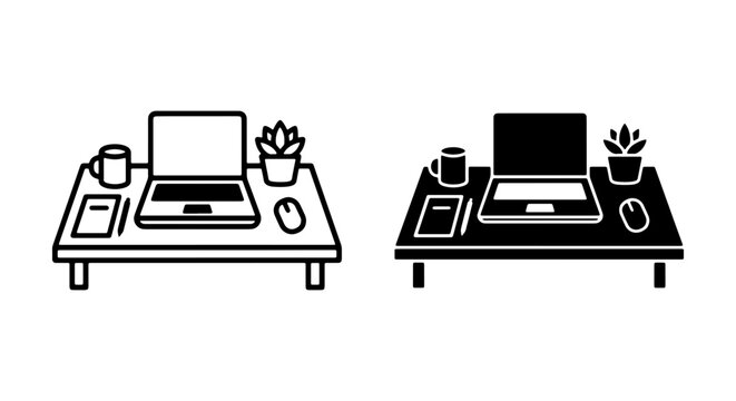 Modern Desk Setup Icons, Laptop, Coffee Mug, Mouse, Plant, Notebook, Workspace Icons