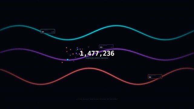 Dynamic motion of colorful waveforms and numerical data visualization for digital technology and data analysis.