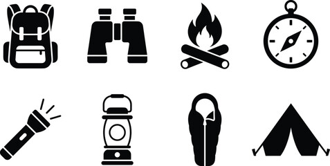 Travel Adventure and Exploration Gear Vector Icon Collection, backpack binoculars campfire flashlight compass tent and outdoor journey symbols © ArtMint