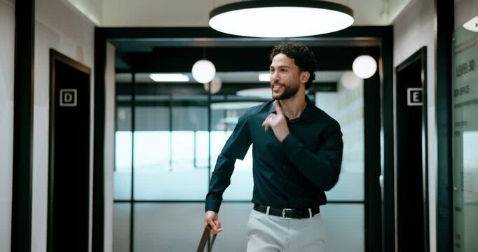 Dancing, happy and businessman in office with good news, job promotion or positive performance review. Professional, groove and male employee with celebration for leaving work early in workplace.