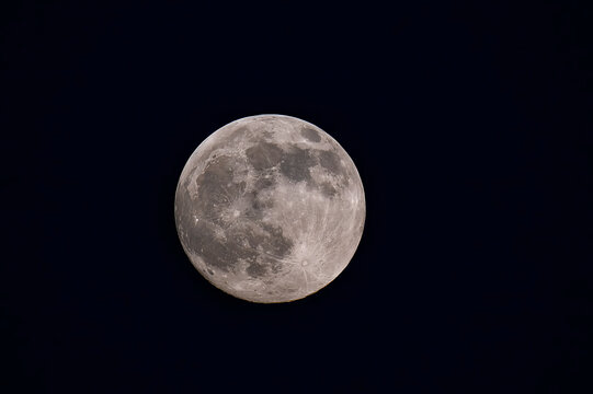 Full moon glows softly against deep black sky. Surface details visible: craters, maria, and rugged lunar terrain. Calm, peaceful mood dominates this quiet celestial moment. Ideal for night scenes