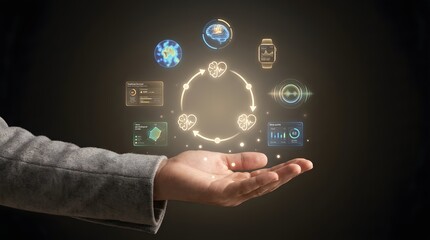 Fototapeta premium Close up of a hand presenting a corporate wellness hologram featuring brain health, fitness tracking, and data analytics for employee wellbeing.
